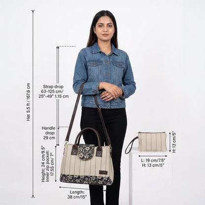 Woman holding a handbag with measurements displayed on a white background