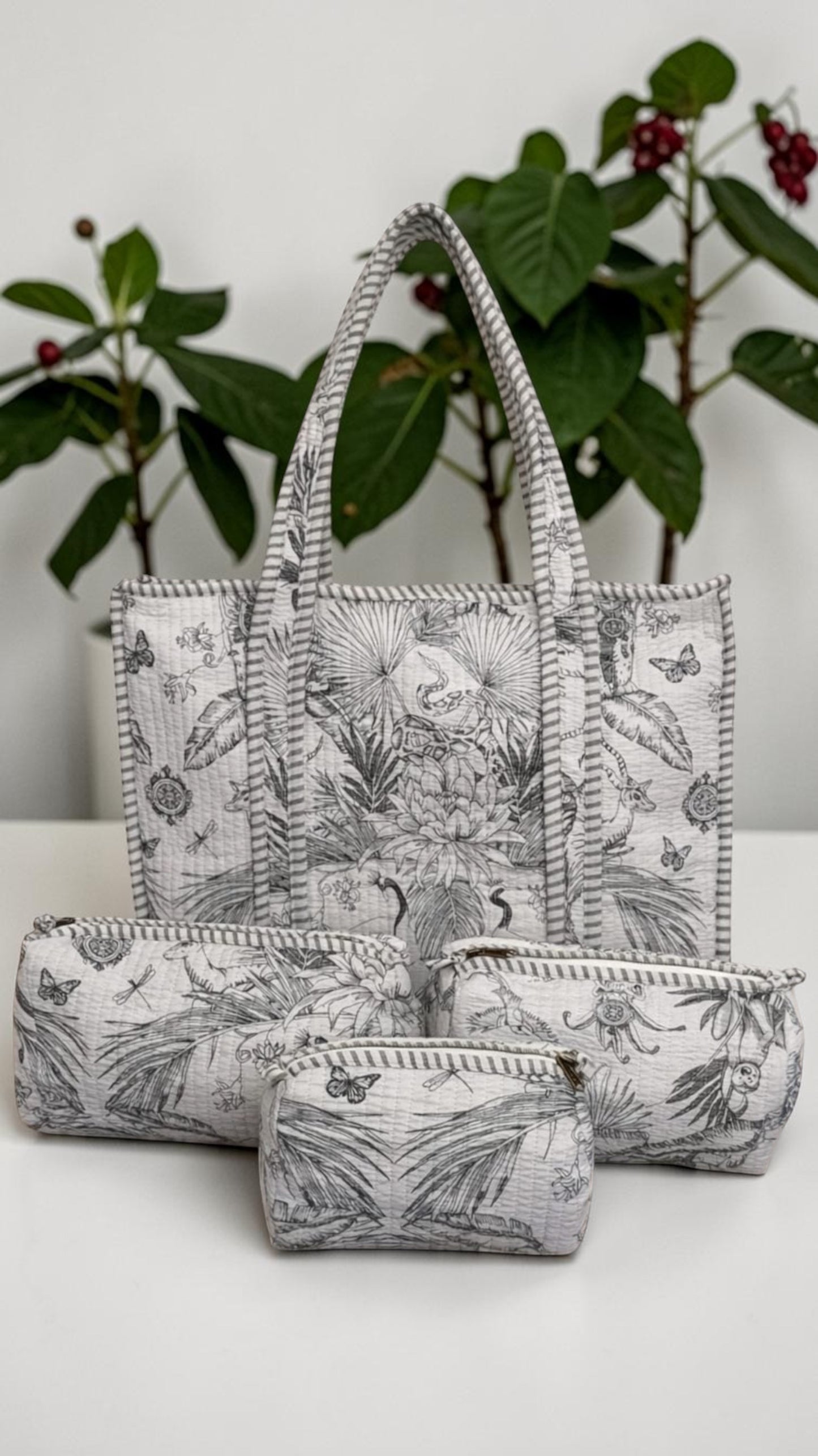 Ivory Grey Monochrome Quilted Tote Bag Set (4-Piece) | Handcrafted Cotton