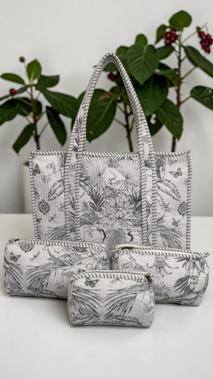Ivory Grey Monochrome Quilted Tote Bag Set (4-Piece) | Handcrafted Cotton