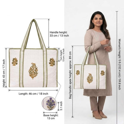 White Green Handblock Cotton Tote Bag | Handcrafted & Lightweight