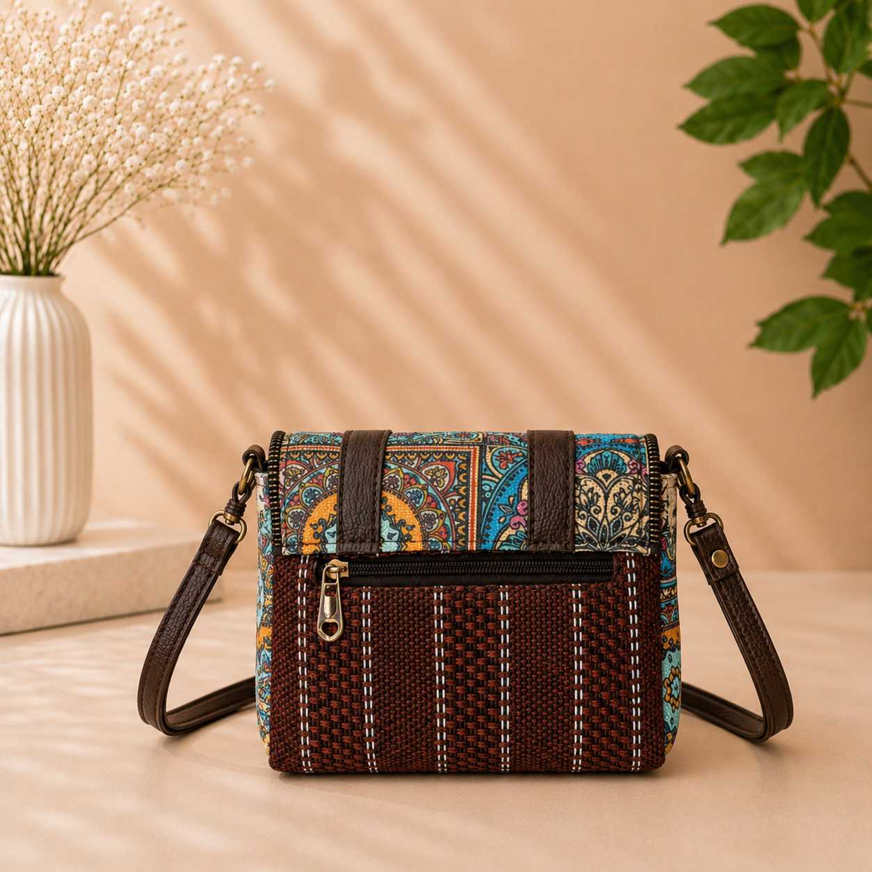 Multicolored patterned handbag on a wooden surface with a neutral background