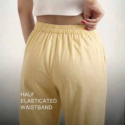 OMVAI Creamy Yellow Cotton Pants : Relaxed Fit, Breathable & Comfortable
