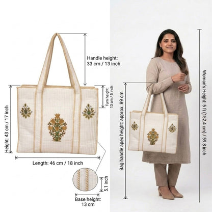 White Handblock Buti Cotton Tote Bag | Handcrafted & Lightweight