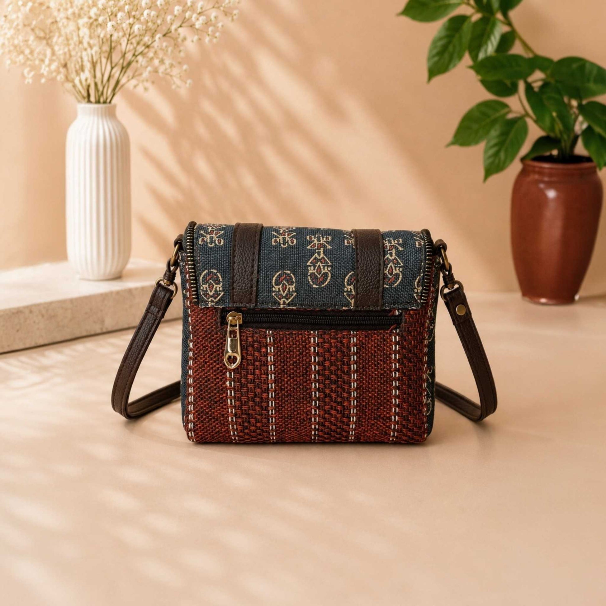 Woven handbag with blue and brown pattern on a beige surface with decorative plants in the background
