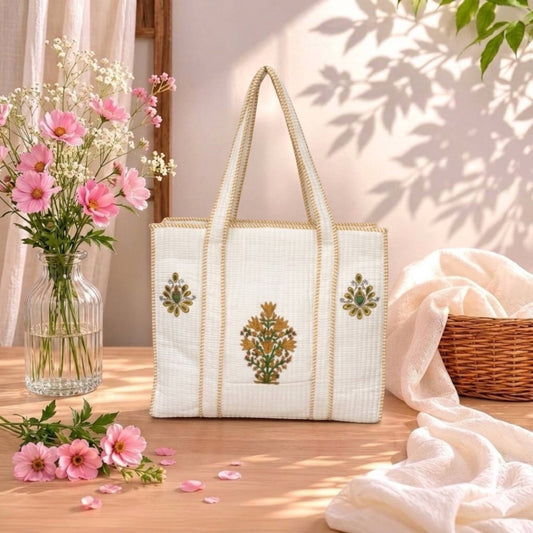 White Handblock Buti Cotton Tote Bag | Handcrafted & Lightweight