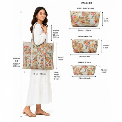 White Floral Quilted Cotton Tote Bag Set (4-Pieces) | Handcrafted & Light-Weight