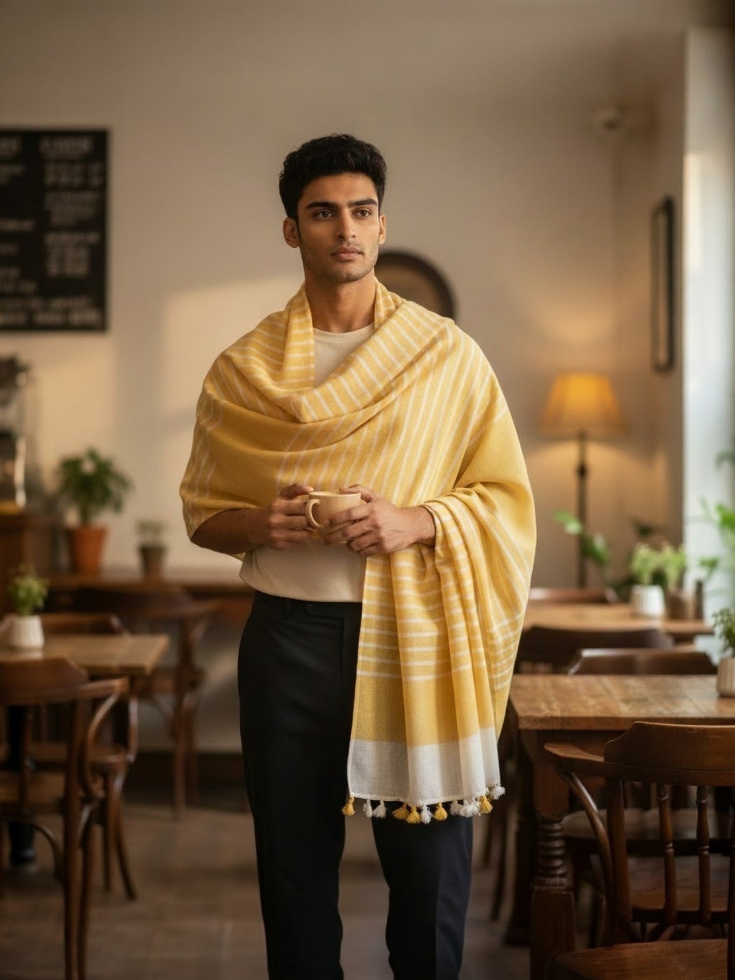 OMVAI Handcrafted Striped Linen Stole with Tassels - Golden Yellow