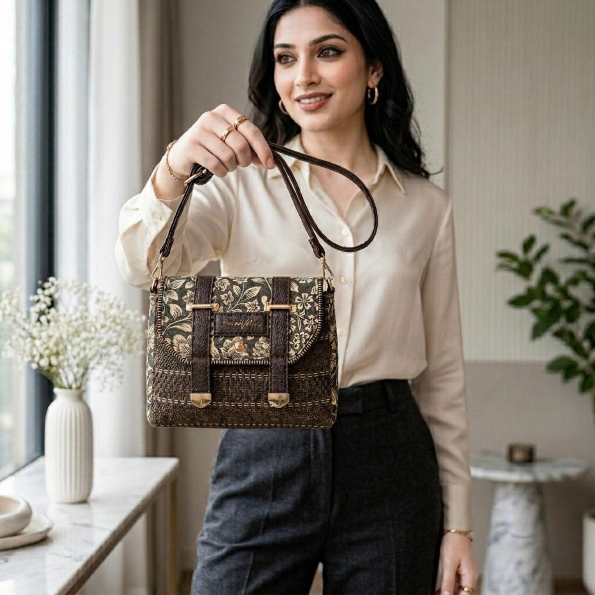 Woman holding a decorative handbag in an indoor setting