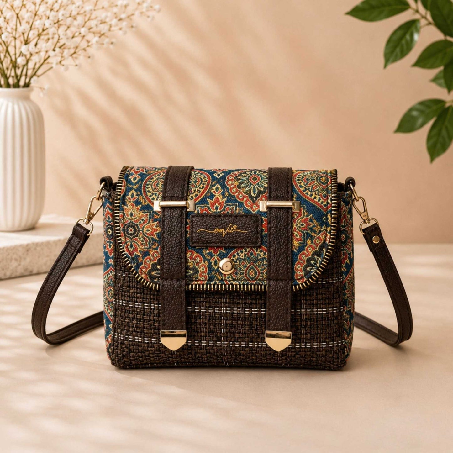 Multicolored patterned handbag with woven design on a neutral background
