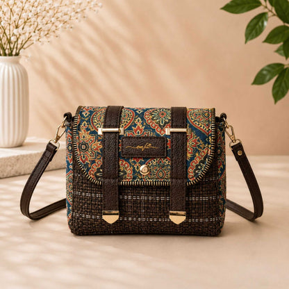 Multicolored patterned handbag with woven design on a neutral background