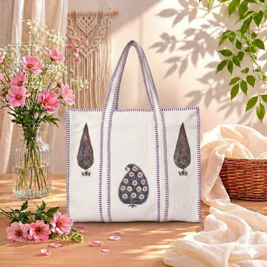 White Floral Orchid Purple Handblock Cotton Tote Bag | Handcrafted & Lightweight