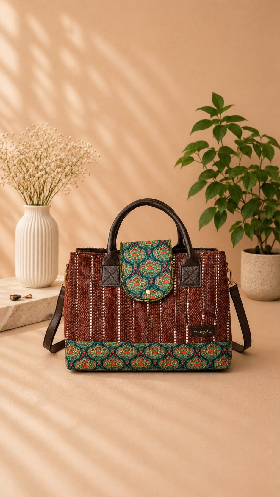 A structured tote bag with a brown woven body, dark brown leather handles and shoulder strap, and teal and gold patterned fabric accents on the front flap and bottom trim, styled on a beige surface with plants and a vase in the background.