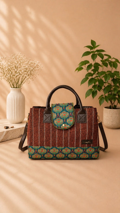 A structured tote bag with a brown woven body, dark brown leather handles and shoulder strap, and teal and gold patterned fabric accents on the front flap and bottom trim, styled on a beige surface with plants and a vase in the background.
