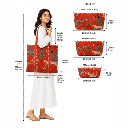 Rust Red Jungle Print Quilted Tote Bag Set (4-Piece) | Handcrafted Cotton