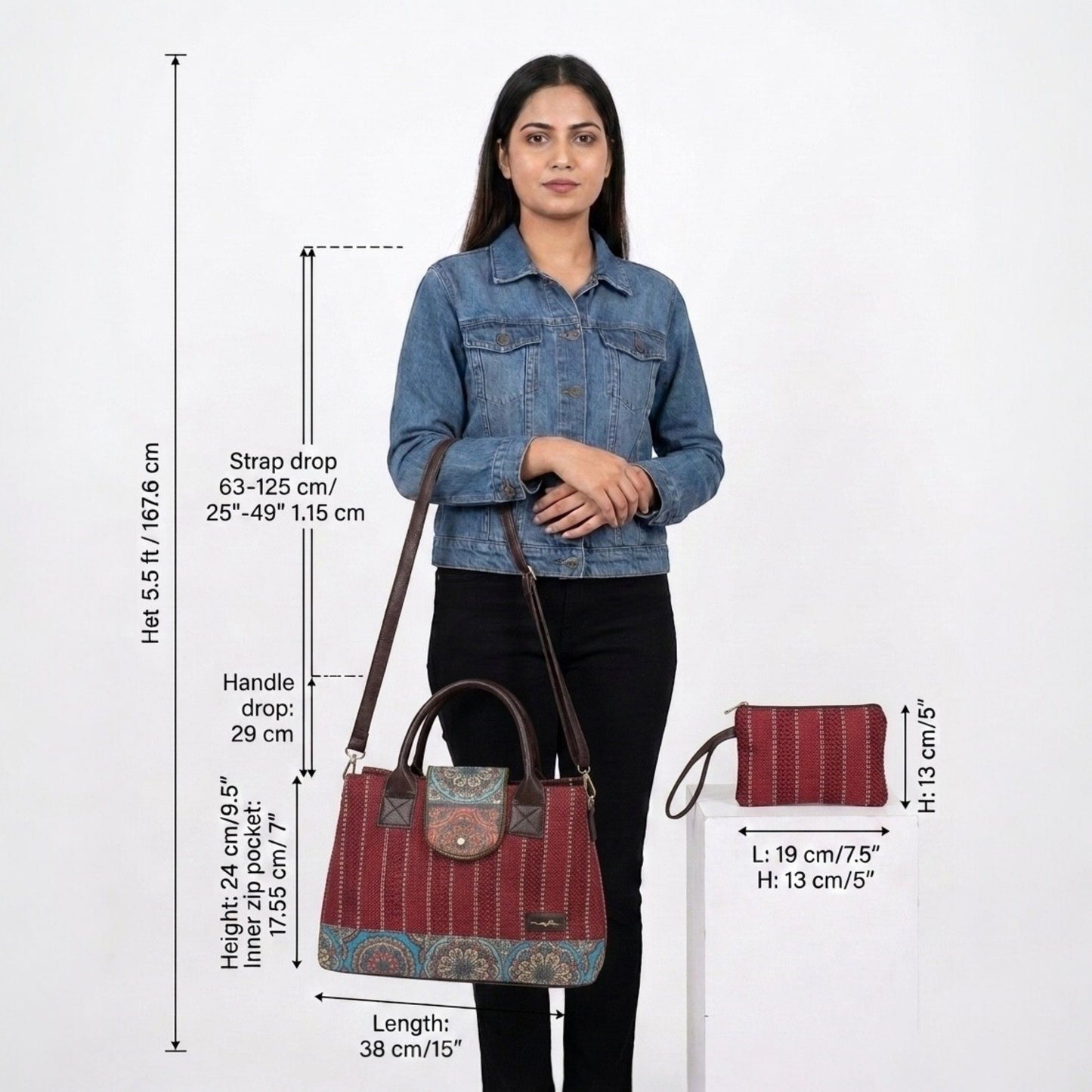 Woman holding a handbag with measurements displayed on a white background