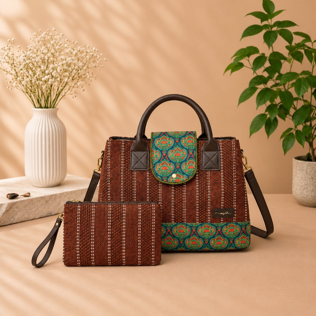 A brown woven handbag with dark brown leather handles and a matching zip pouch placed in front, styled on a beige surface with a vase of dried flowers and a potted plant in the background.