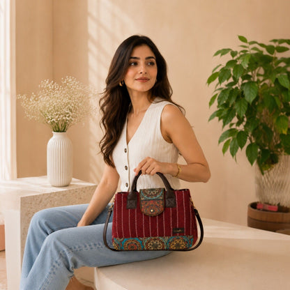 Woman holding a red handbag with intricate patterns in a home setting.