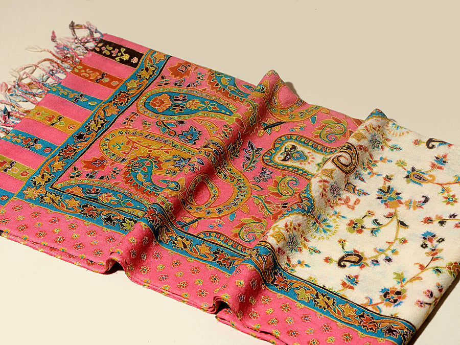 ROYAL MINAR Exquisite Kalamkari Kani Stole with Hand embroidery -Blush