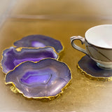 OMVAI Semi-Precious Natural Agate Coasters (Set of 4) with Gold Plating - Vibrant Violet