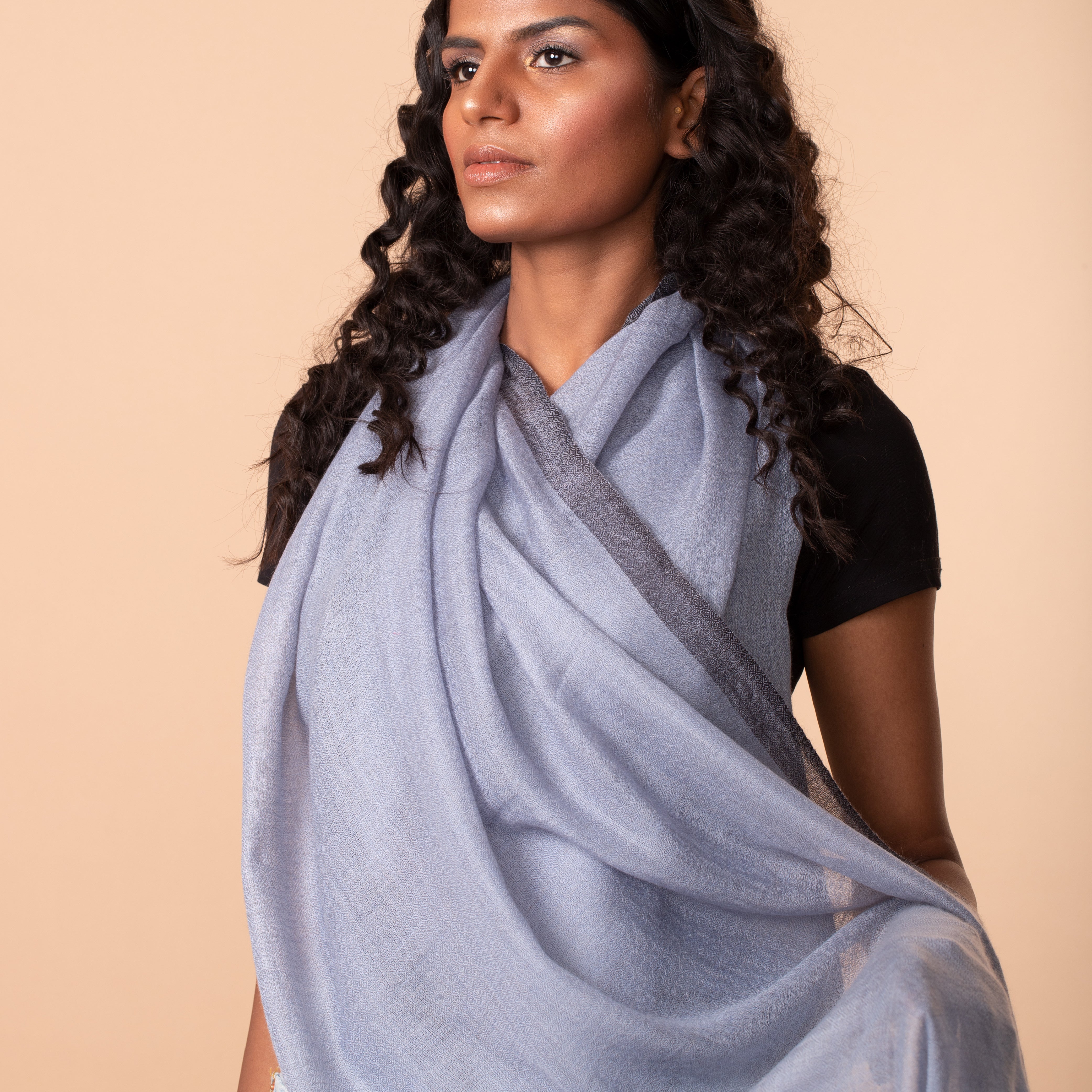 Striped Border Pashmina - Powder Blue