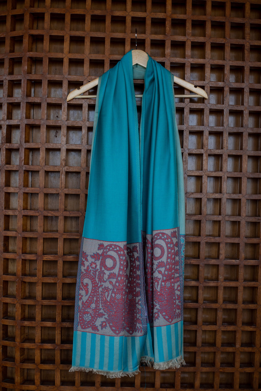 OMVAI Spring Bloom Border Summer Stole Modal Silk Turquoise with Cherry Border