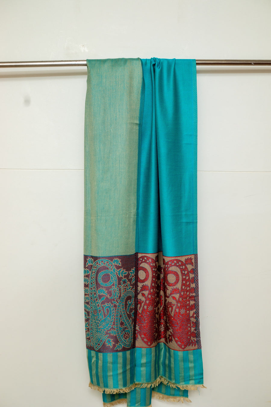 OMVAI Spring Bloom Border Summer Stole Modal Silk Turquoise with Cherry Border