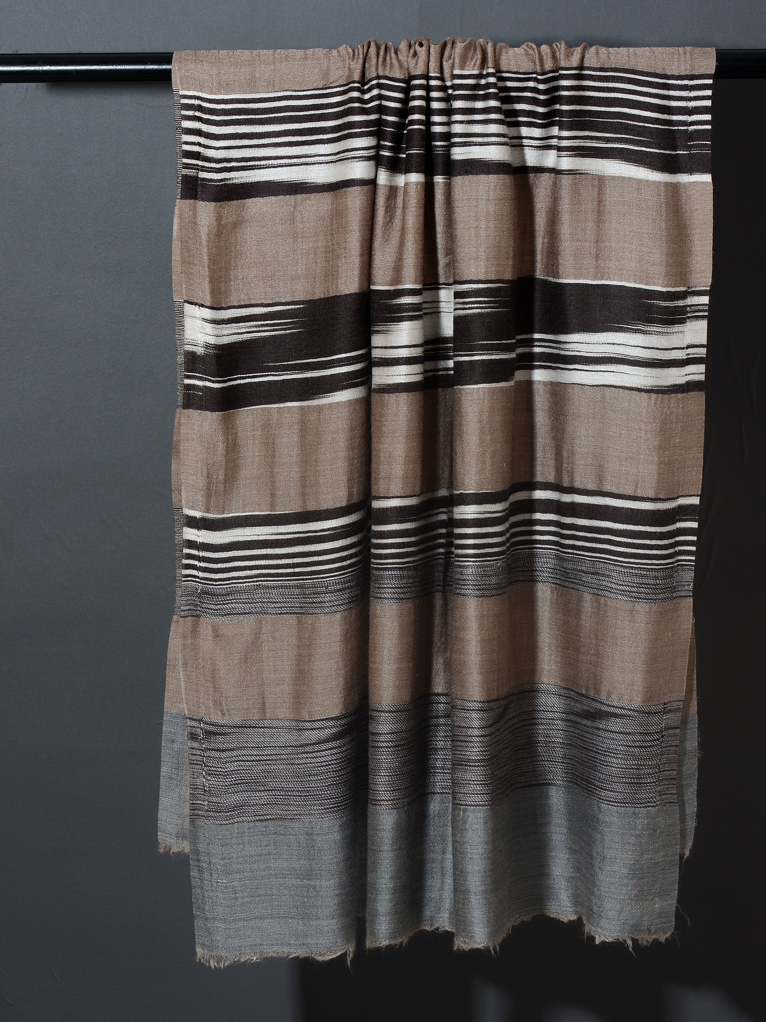 Dhaaridhaar Kashmiri Banded Striped  Patterned Pashmina Stole - Caramel Brown