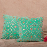 OMVAI Gota Patti Cushion Covers - Mint Green Floral Mosaic (Set of 2)