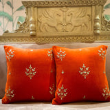 OMVAI Gota Patti Cushion Covers : Vibrant Orange Buti Flower (Set of 2)