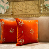 OMVAI Gota Patti Cushion Covers : Vibrant Orange Buti Flower (Set of 2)