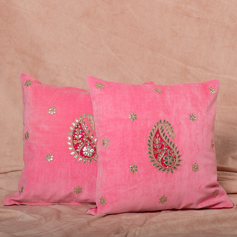 OMVAI Gota Patti Cushion Covers : Rose Pink with Royal Pink Paisley (Set of 2)