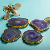 OMVAI Semi-Precious Natural Agate Coasters (Set of 4) with Gold plating - Pure Purple