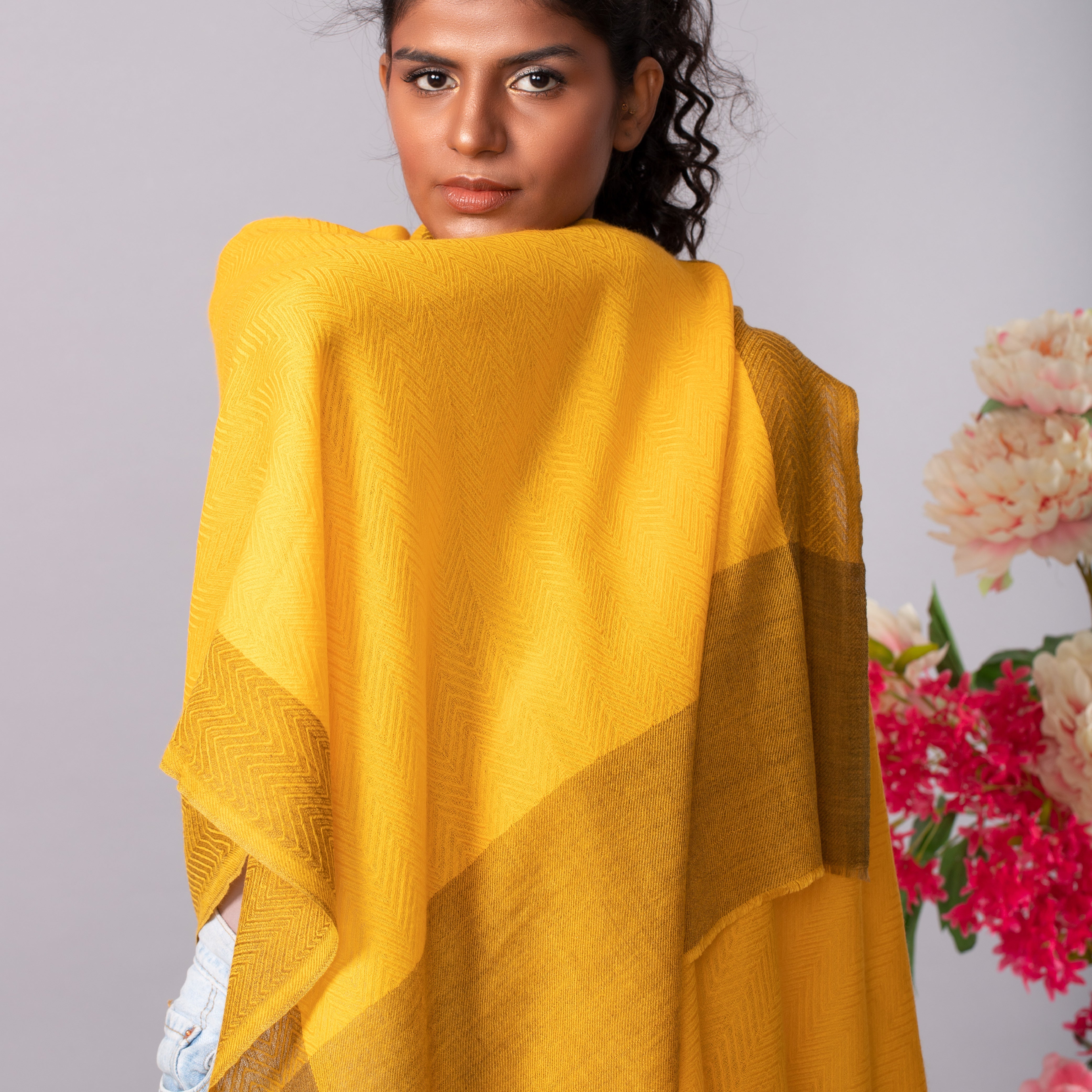 Zig Zag Patterned Pashmina - Yellow