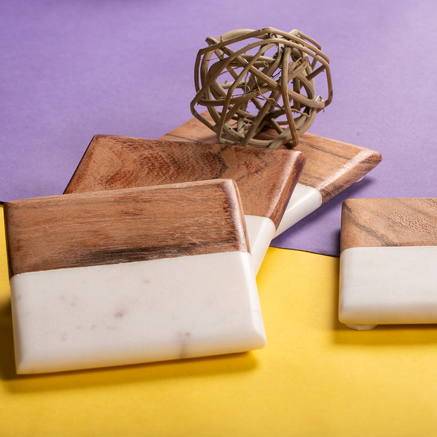 OMVAI Marble and Wood Coasters (Set of 4)  Square Half Half