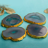 OMVAI Semi-Precious Natural Agate Coasters (Set of 4) with Gold plating - Dreamy Sky Blue