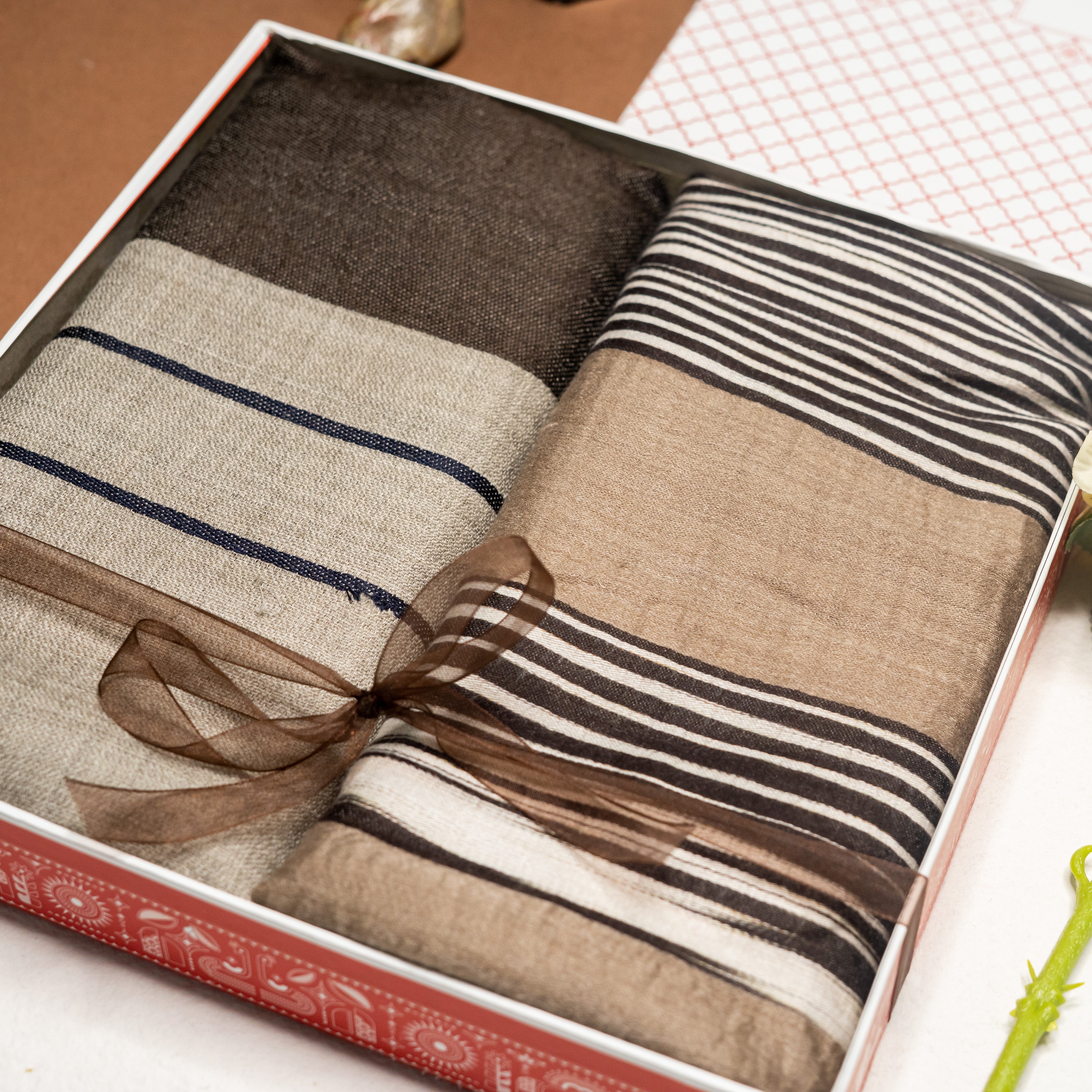 OMVAI Patterned Striped Pashmina Combo Gift Set in Pure wool (Set of 2 - For HIM and for HER)