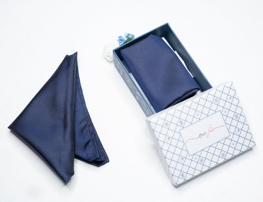 OMVAI Solid Silk Pocket Square Whale Blue