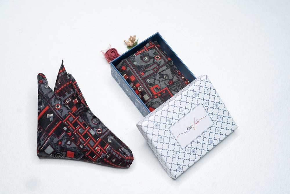 OMVAI Silk Pocket Square - The Abstract Geometry Charcoal