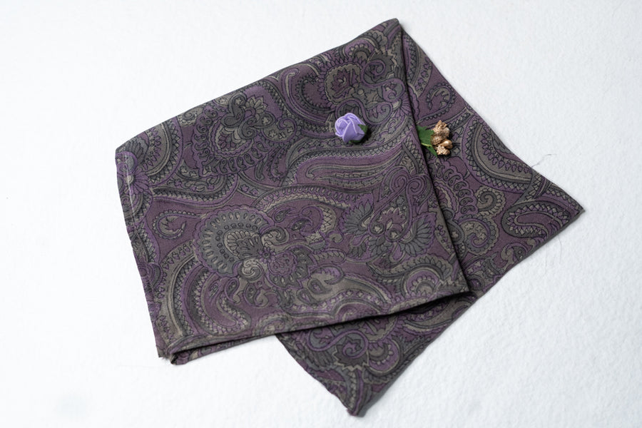 OMVAI Silk Pocket Square Ornamental Paisley in Purple