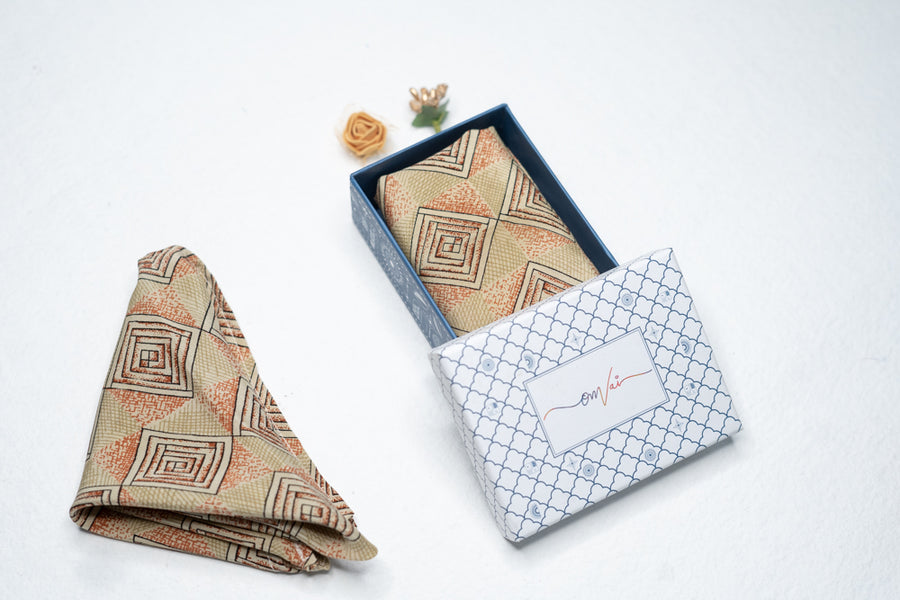 OMVAI Silk Pocket Square Cube Mosaic Taupe Beige