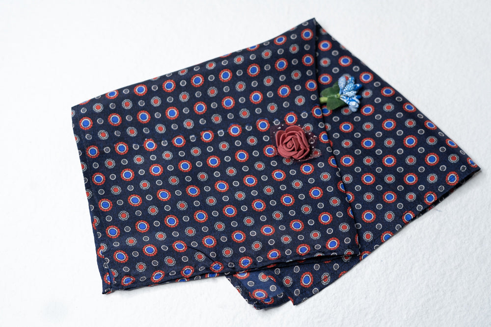 OMVAI Silk Pocket Square Polka Dots Navy