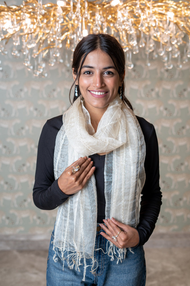 OMVAI Laced Stole in Silk Organza - Ivory White
