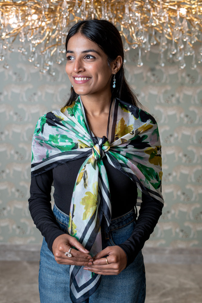 OMVAI Multi color Vintage Brush Flower Silk Stole