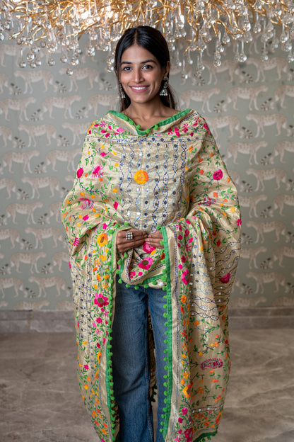 OMVAI Ornamental Jaal Embroidered Phulkari Stole / Dupatta - Multi color