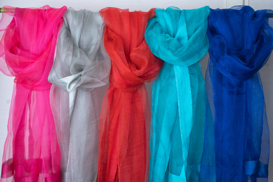 OMVAI Organza Silk Border Stole / Dupatta - Coral Red