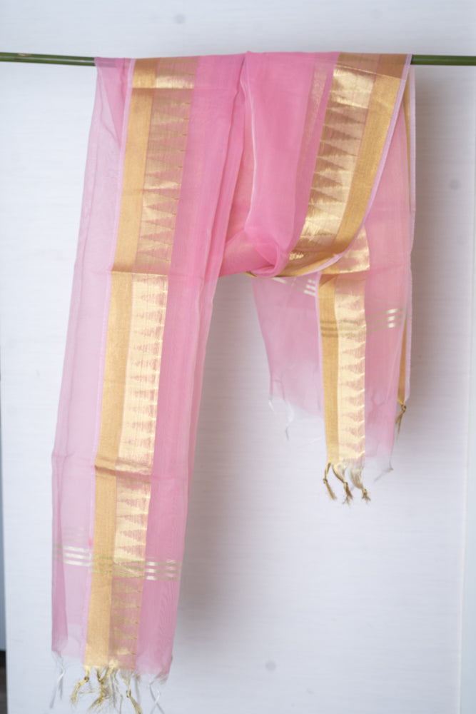 OMVAI Temple Border Organza Silk  Stole / Dupatta - Pretty Pink