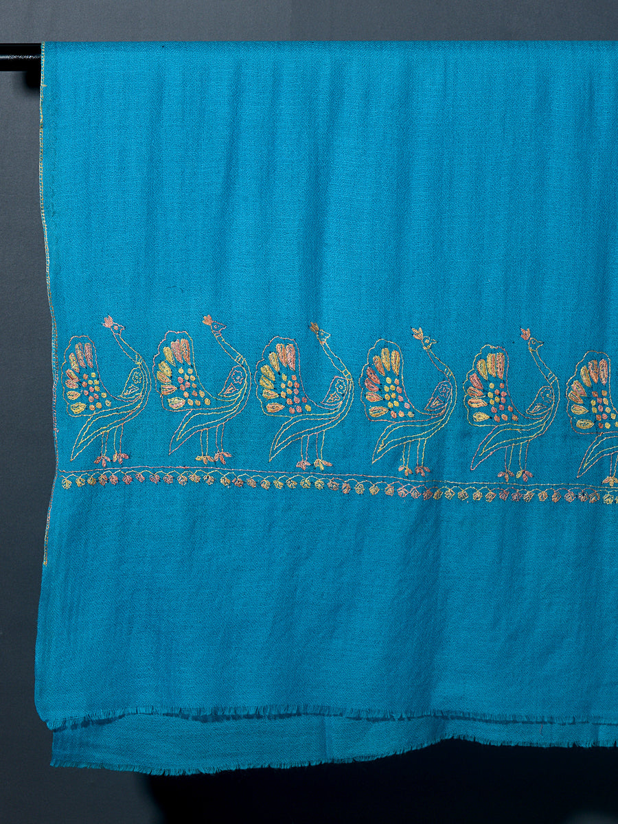 MAYURA, the Peacock Magnificent Hand Embroidered Stole - Ocean Blue