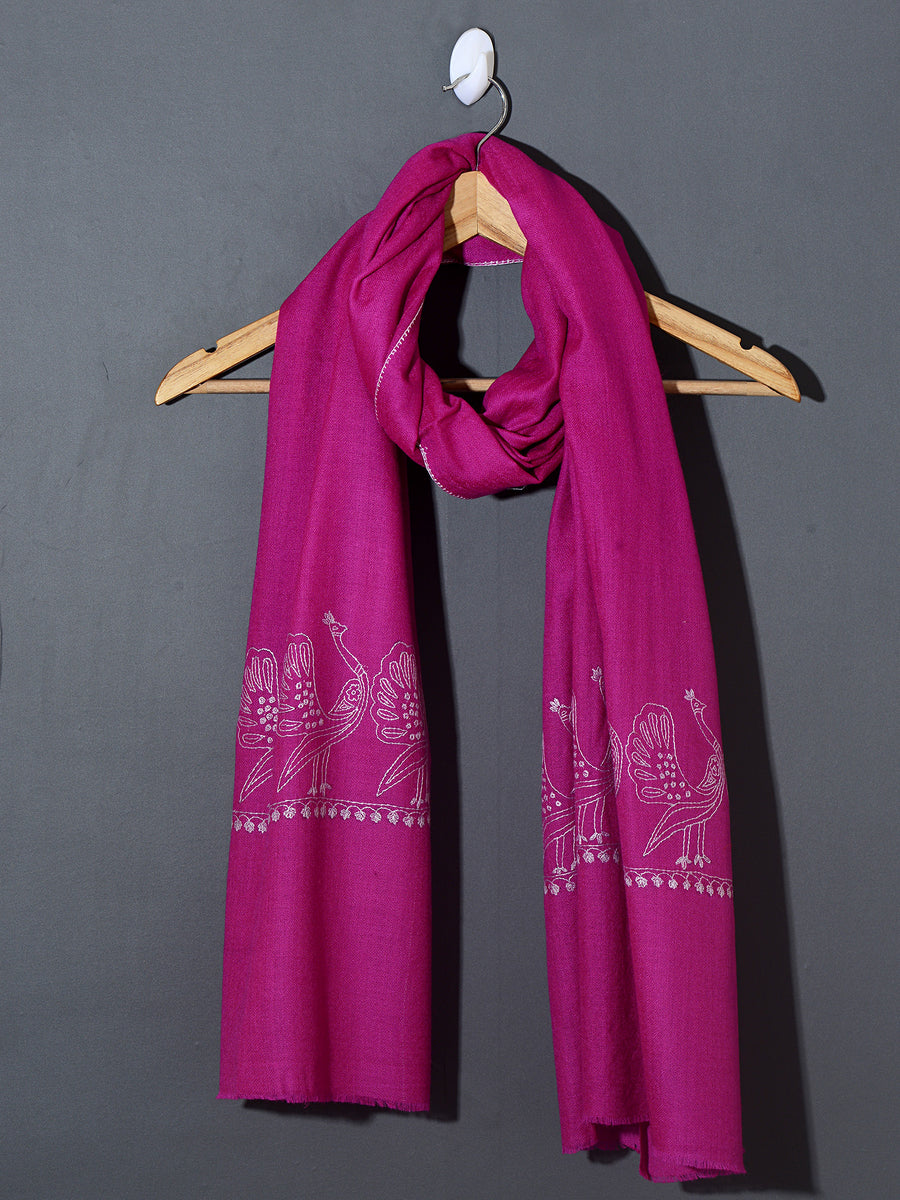 MAYURA, the Peacock Magnificent Hand Embroidered Stole - Onion Pink