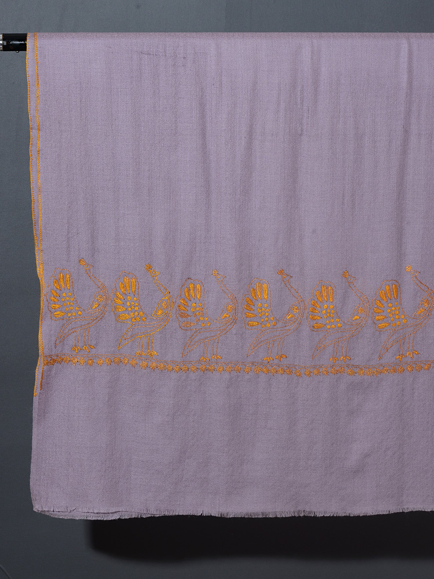 MAYURA, the Peacock Magnificent Hand Embroidered Stole - Lilac - Ochre