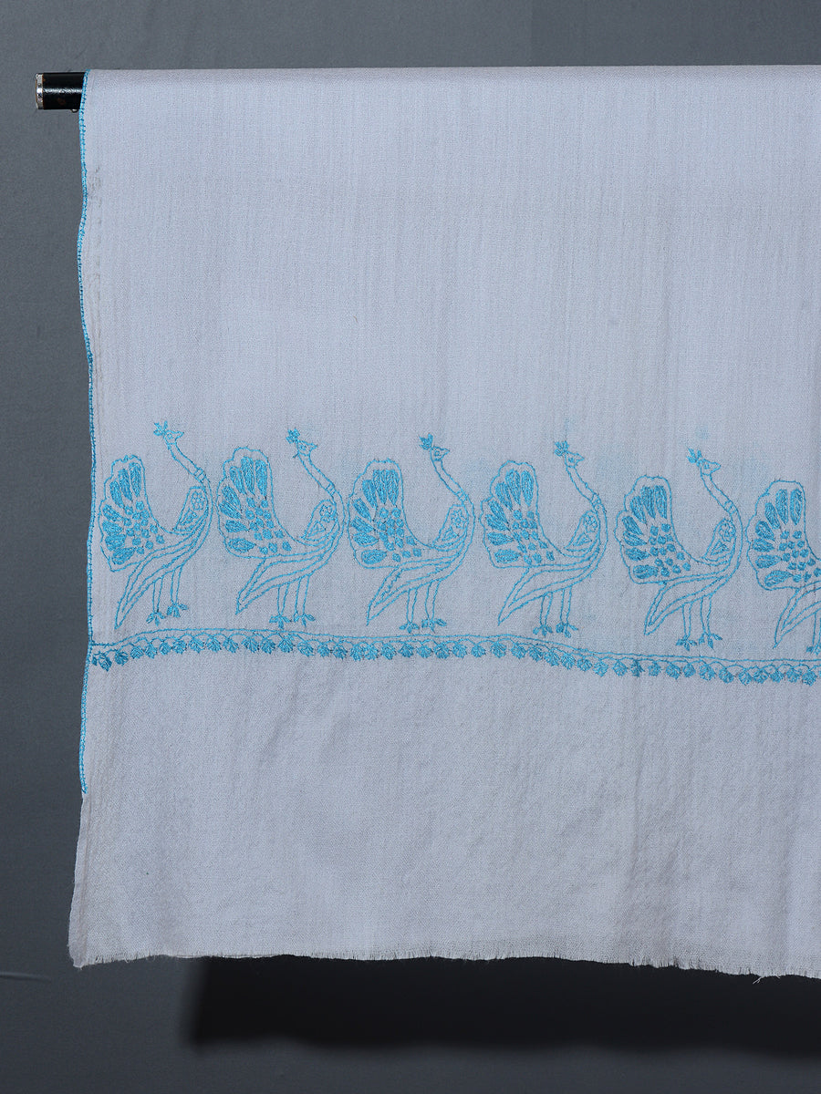 MAYURA, the Peacock Magnificent Hand Embroidered Stole -Powder Blue